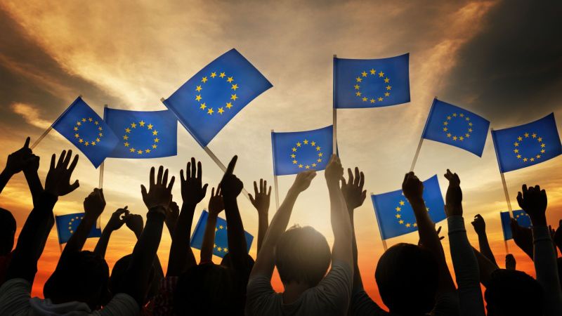 Das Bild zeigt eine Gruppe Menschen, die mit kleinen Europa-Flaggen wedeln.