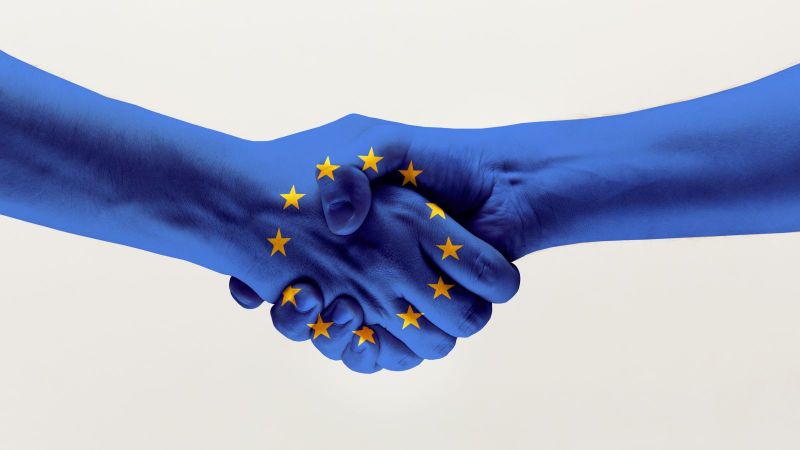 Das bild zeigt zwei Hände mit EU-Flagge.