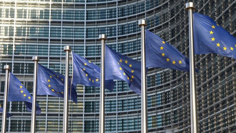 Das Bild zeigt eine Reihe von Europaflaggen, die vor der EU Kommission hängen.