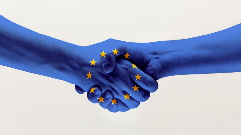 Das Bild zeigt zwei sich schüttelnde Hände, auf denen die europäische Flagge abgebildet ist.