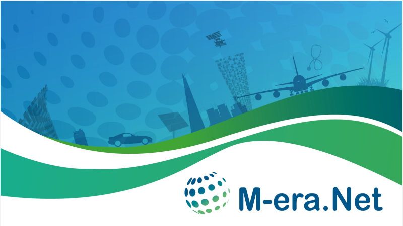 Das Bild zeigt das Logo von M-ERA.NET mit grünen und blauen Farben und im Hintergrund Symbole für erneuerbare Energien