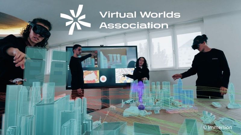 mehrere Menschen in einem Raum mit VR-Brillen und digitalen Diagrammen