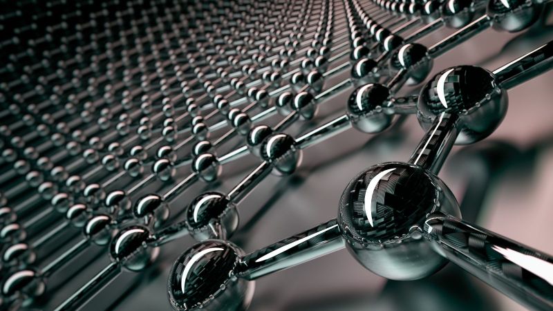Blick in eine Kohlenstoff-Nanoröhre, Netzartige Struktur aus silbernen Kugeln, die durch silberne Röhren miteinander verbunden sind.  