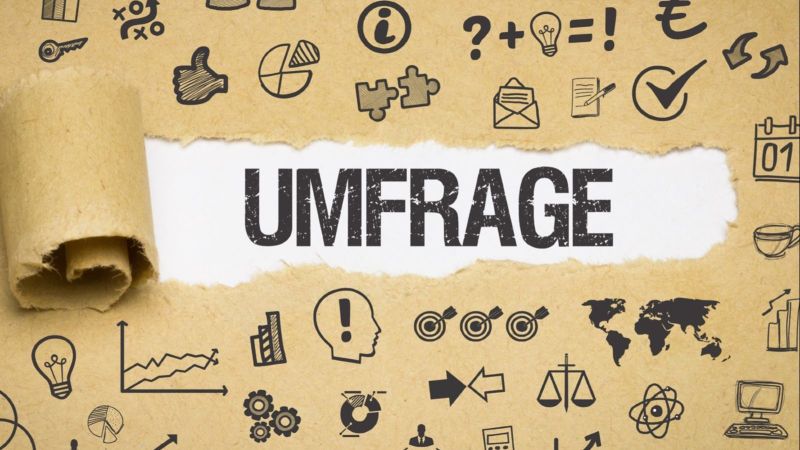 Auf gelbem Hintergrund in der Mitte ein rechteckiges weißes Feld mit dem Schriftzug Umfrage. Drum herum mit schwarzen Umrandungen Symbole, wie z. B. Puzzlestücke, eine Wage, etc.