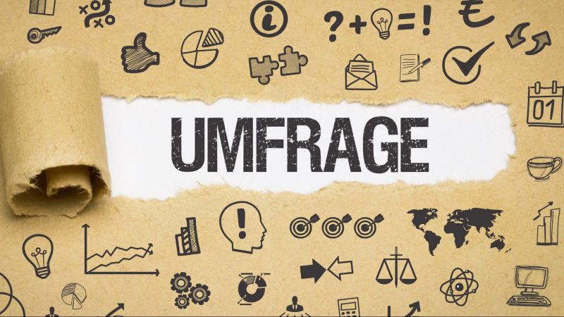Das Bild zeigt Papier, auf dem sich verschiedenste Symbole befinden. In der Mitte des Bildes ist das Papier aufgerissen und das Wort „Umfrage“ ist zu lesen.