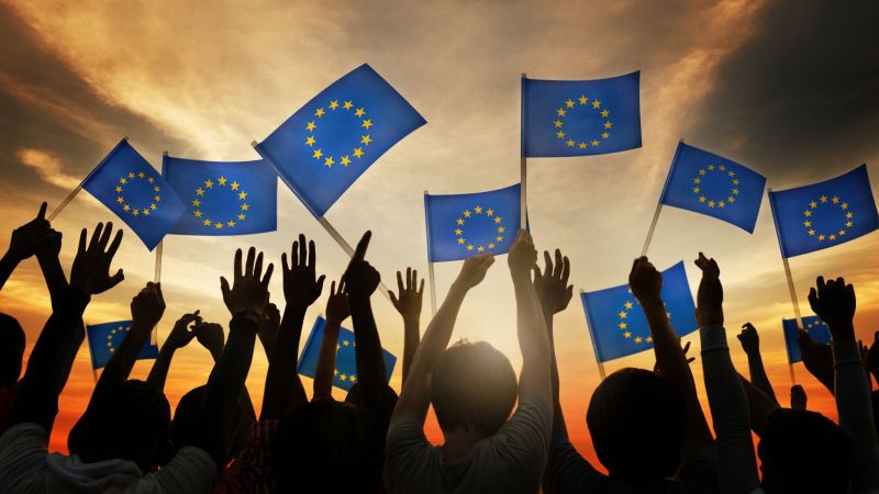 Die Abbildung zeigt eine Menschenmenge mit erhobenen Armen. Die Menschen haben Europafahnen in den Händen und schauen auf einen Horizont.