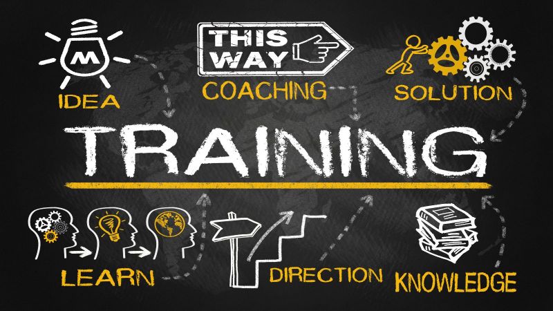 Auf schwarzem Hintergrund sind mit weiß und gelb einige Themen von Workshops, wie Idea, Learn, Coaching u.a. auf Englisch mit einigen passenden Icons dargestellt