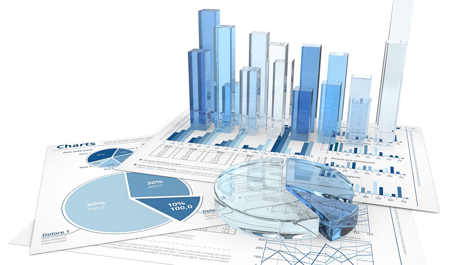 verschiedene Diagramme in unterschiedlichen Blautönen, Statistiken