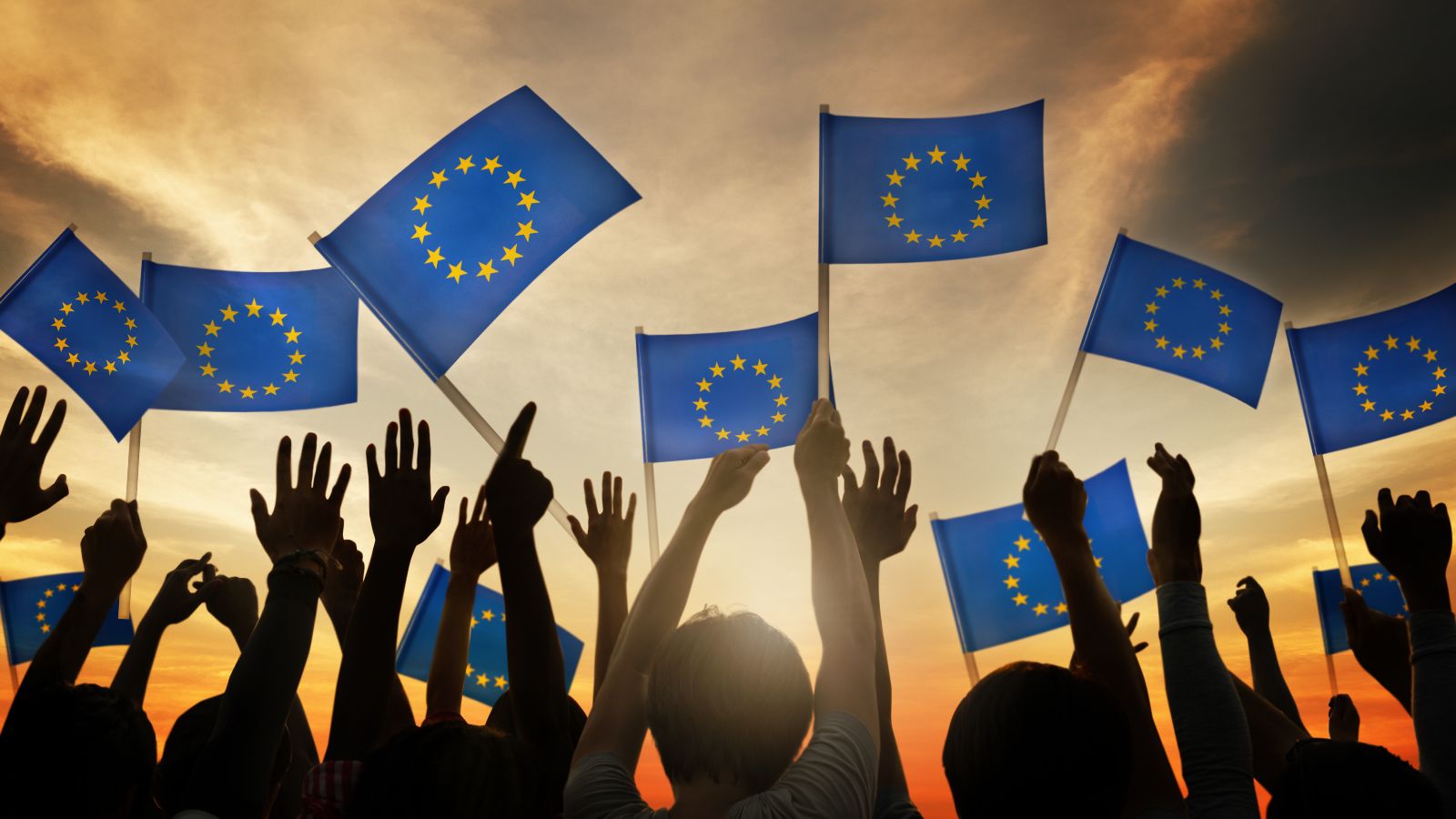 Das Bild zeigt eine Gruppe Menschen, die mit kleinen Europa-Flaggen wedeln.