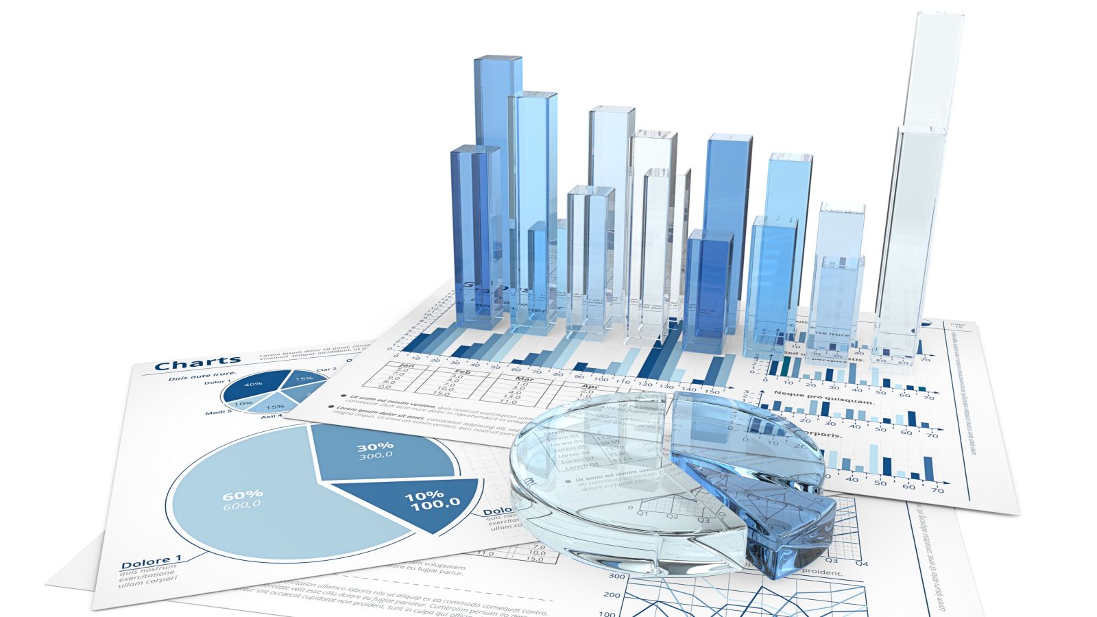 verschiedene Diagramme in unterschiedlichen Blautönen, Statistiken