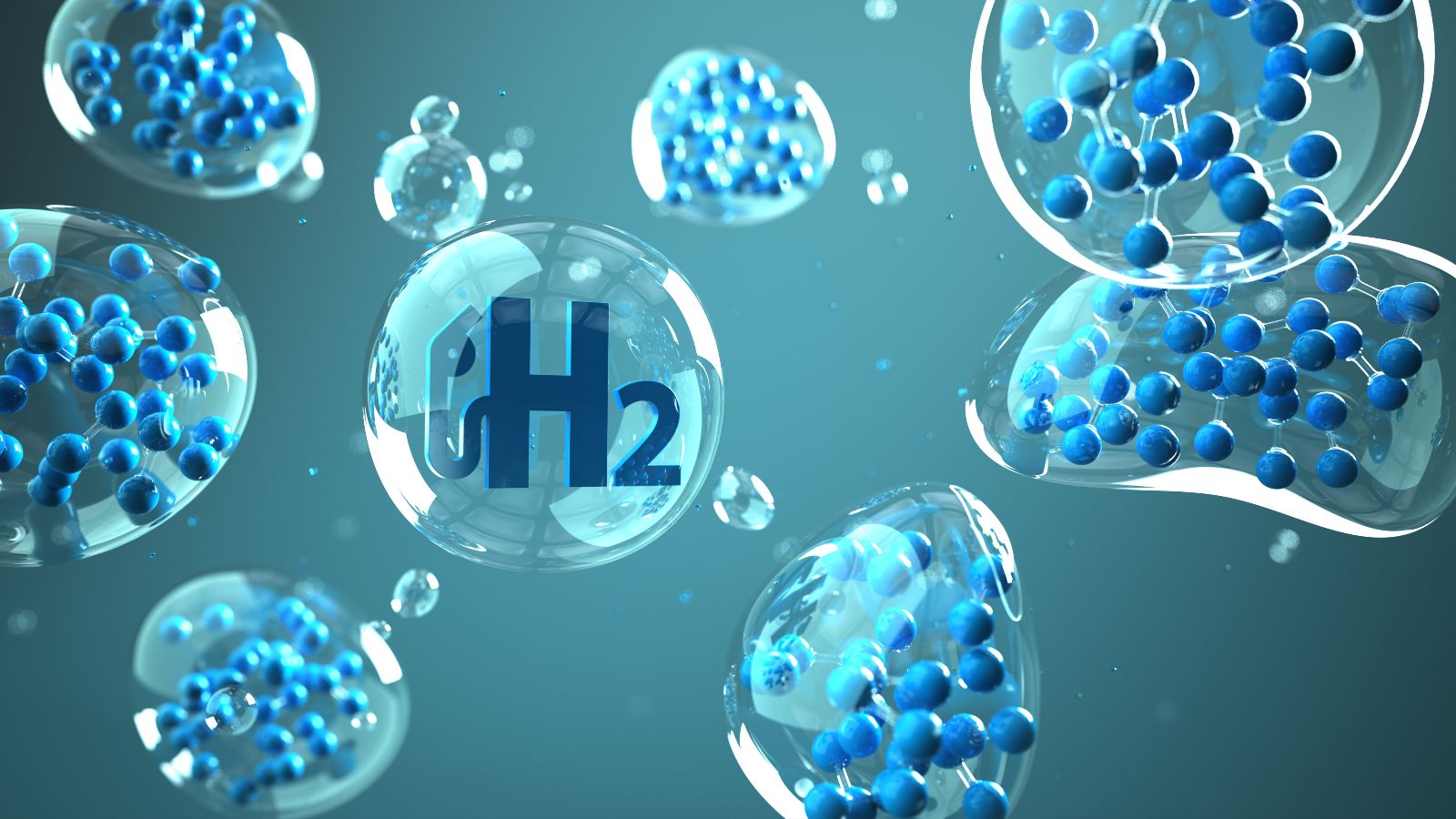 Das Bild zeigt Luftblasen mit verschiedenen Atomen und einer H2-Zapfanlage.