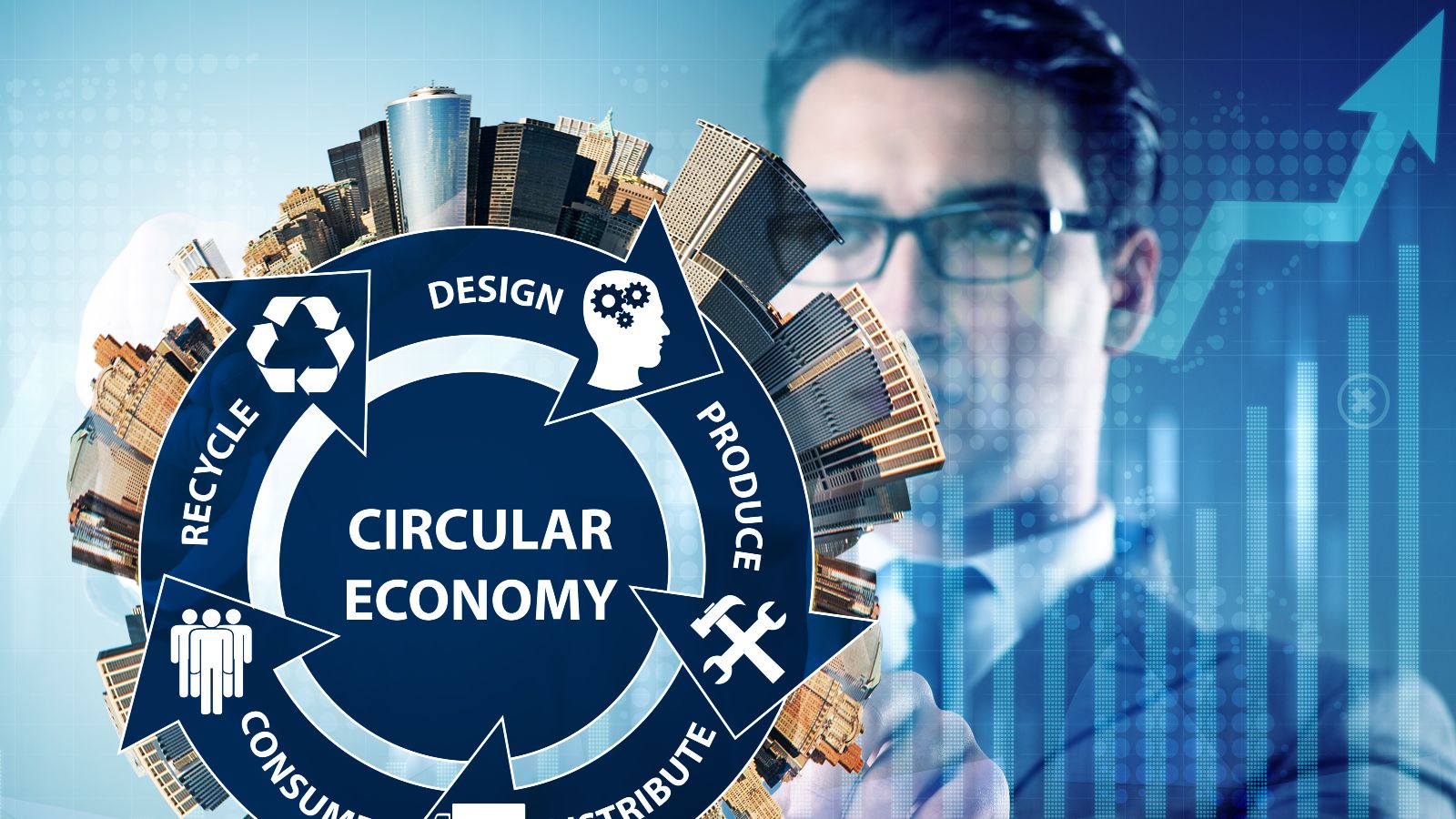 Das Bild zeigt einen Mann, der mit seiner Hand auf eine Zeichnung zeigt. Davor befindet sich ein blauer Kreislauf mit dem Wort Circular Economy im Zentrum und verschiedenen Begriffen die damit im Zusammenhang stehen.