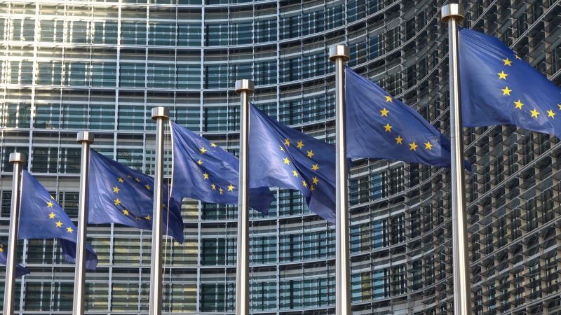 Das Bild zeigt eine Reihe von Europaflaggen, die vor der EU Kommission hängen.