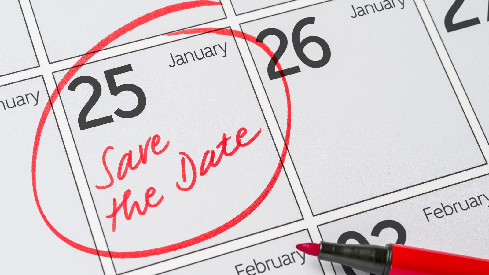 Das Bild zeigt den Ausschnitt eines Kalenders, auf dem der 25. Januar mit dem Hinweis „Save the date“ markiert ist.