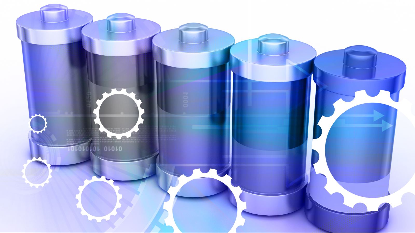 Das Bild zeigt mehrere Batterien im Hintergrund; im Vordergrund Diagramme von Zahnrädern. für Präsentation