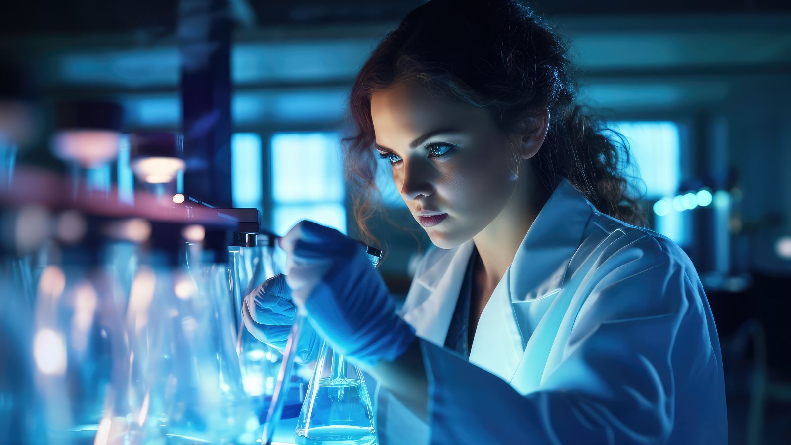Das Bild zeigt eine junge Wissenschaftlerin, die eine Probe in einen Glaskolben gibt. 