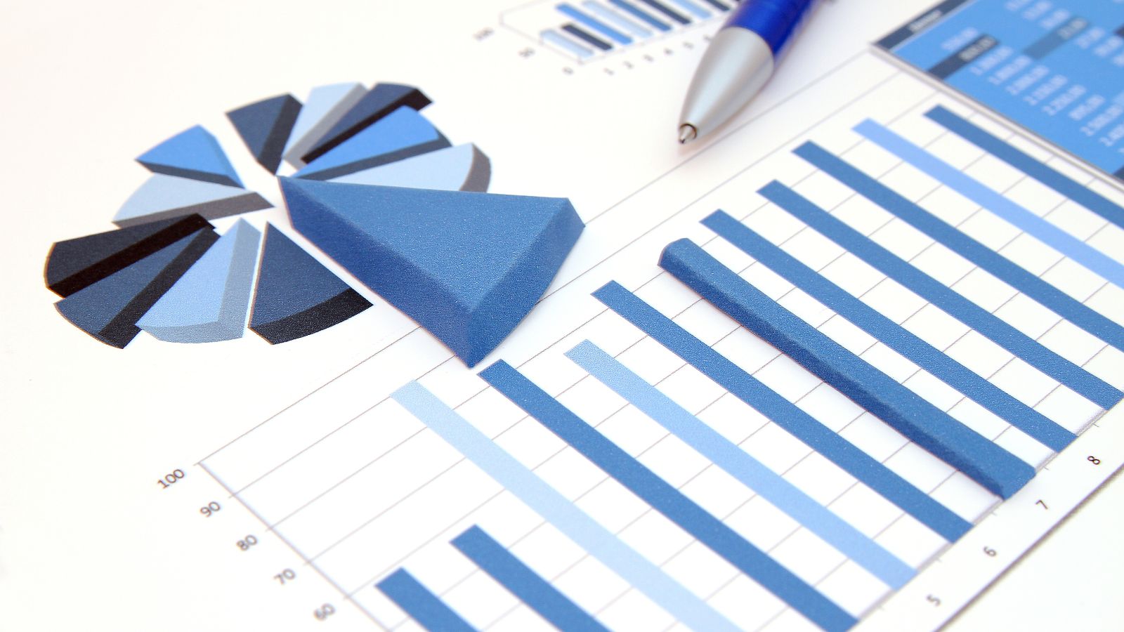 Bild: © stockpics - stock.adobe.com Das Bild zeigt ein Tortendiagramm und zwei Säulendiagramme sowie eine Tabelle.