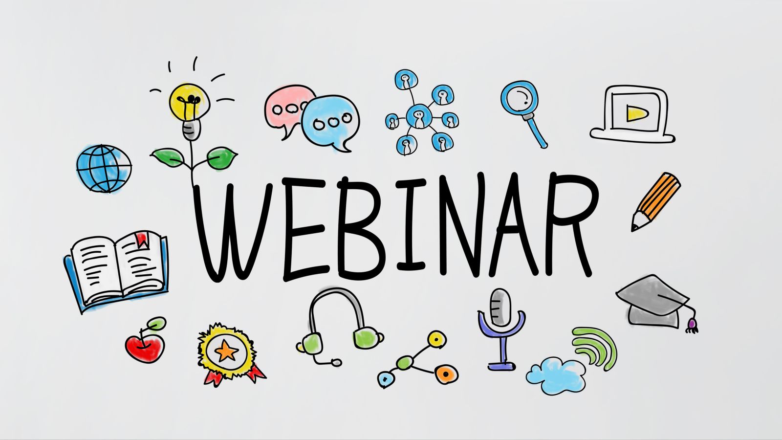 Das Bild zeigt das Wort “Webinar” mit bunten Icons umrandet. Daneben befindet sich ein Computer, sowie zwei Hände die etwas darauf tippen.