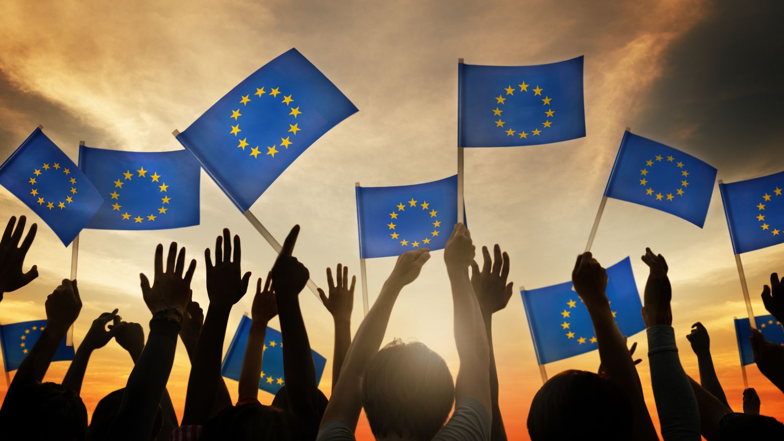 Das Bild zeigt eine Gruppe Menschen, die mit kleinen Europa-Flaggen wedeln.