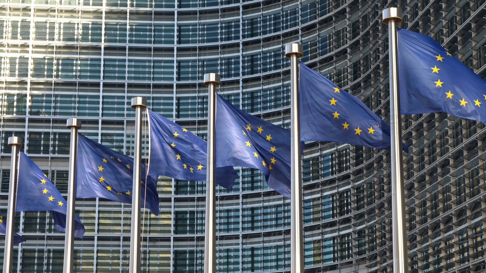 Das Bild zeigt eine Reihe von Europaflaggen, die vor der EU Kommission hängen.