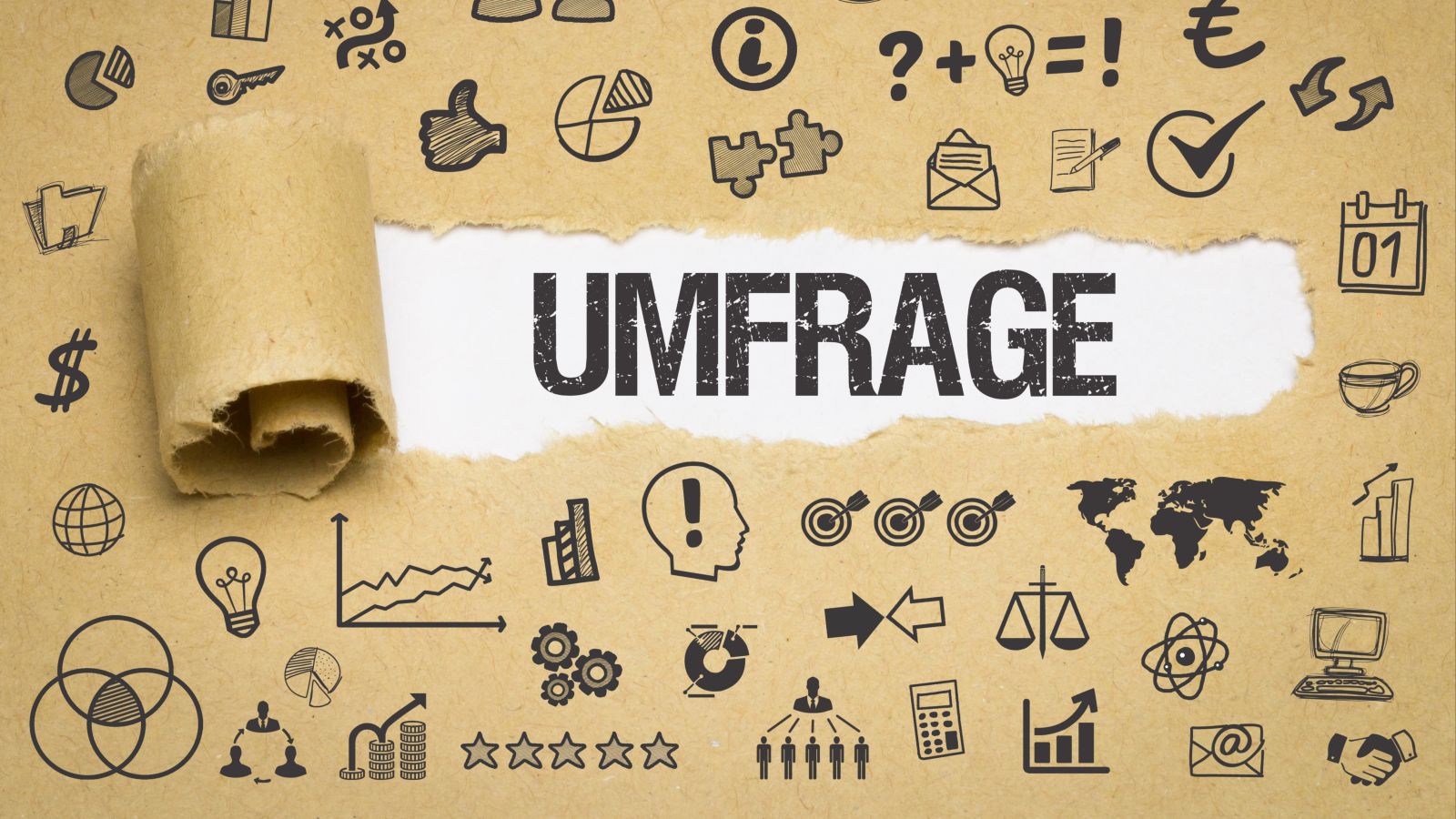 Das Bild zeigt Papier, auf dem sich verschiedenste Symbole befinden. In der Mitte des Bildes ist das Papier aufgerissen und das Wort „Umfrage“ ist zu lesen.