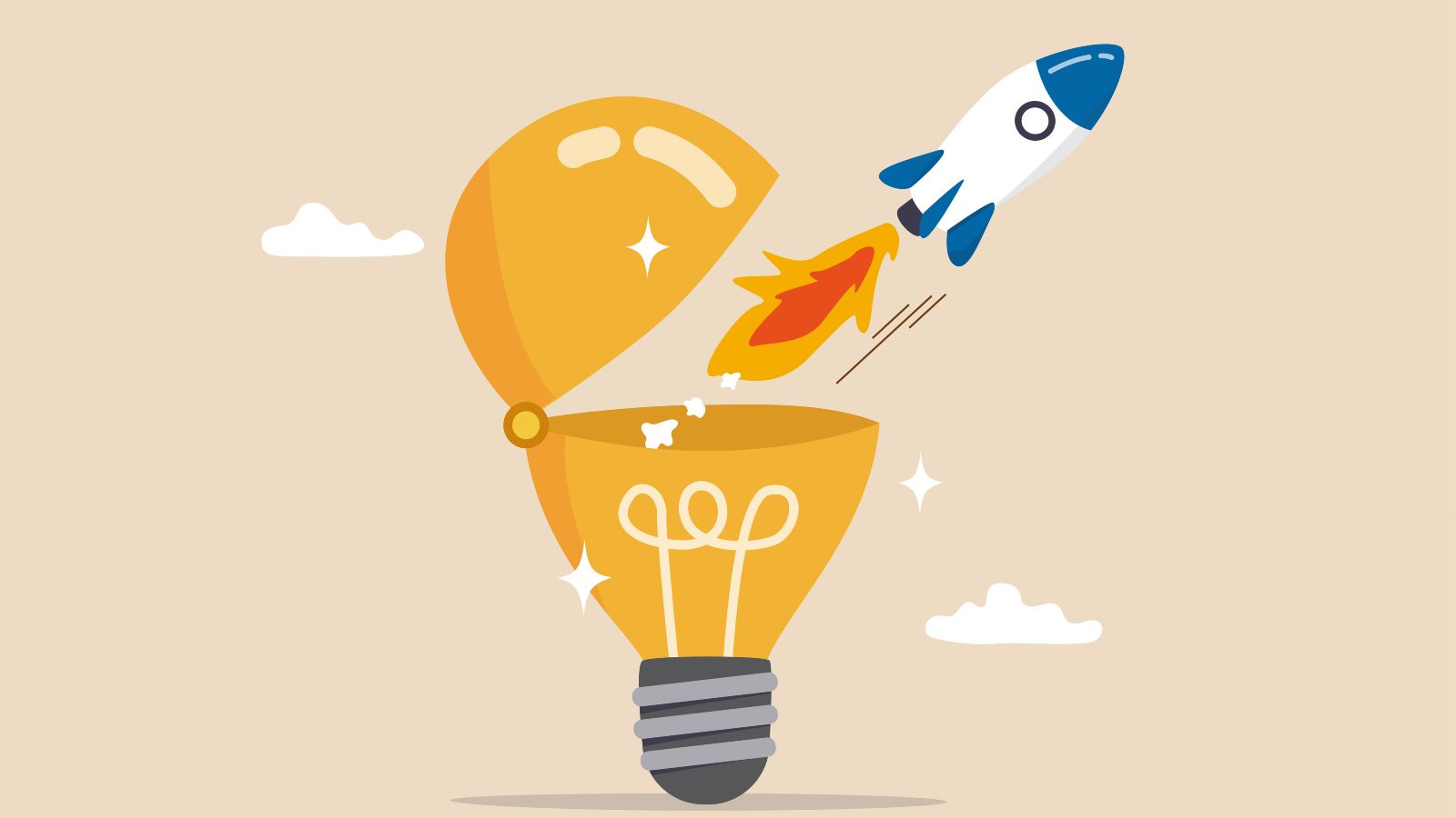 Das Bild zeigt eine Glühbirne aus der eine Rakete startet. Im Hintergrund sind Wolken zu sehen.