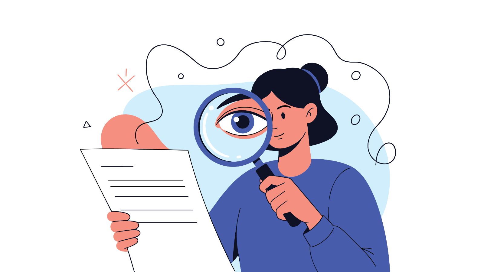 Frau benutzt Lupe um Datenblatt genauer zu inspizieren.