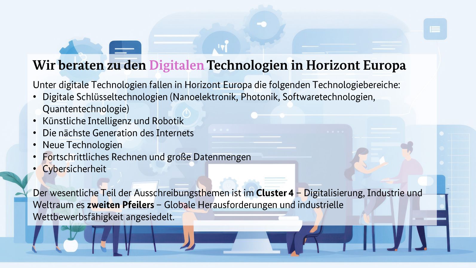 Bild, das zusammenarbeitende Menschen zeigt an Laptops, auf Stühlen sitzend, stehend; Hintergrund zeigt Zahnräder; Überlagert von Textfeld: Service der NKS DIT im Bereich Digitale Technologien