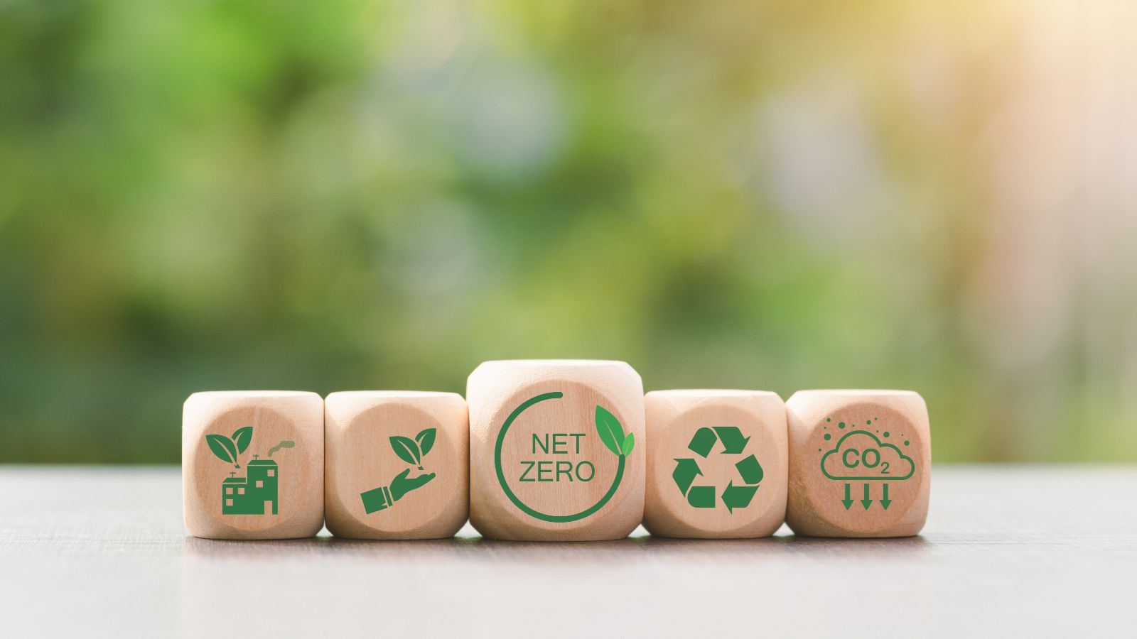 Auf dem Bild sind fünf Holzwürfel mit verschiedenen kleinen Bildchen zu sehen: Grüne Industrie, Umwelt, Netto-Null, Recycling und Reduktion des CO2-Ausstoßes.
